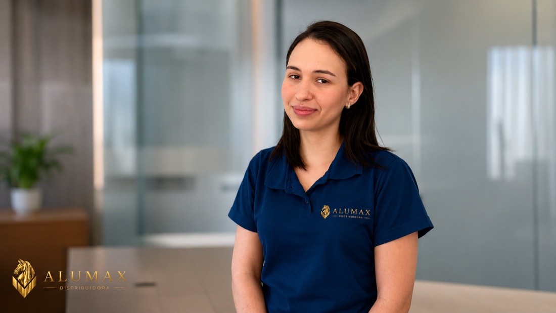 Consultora comercial Alumax sorrindo no ambiente da empresa