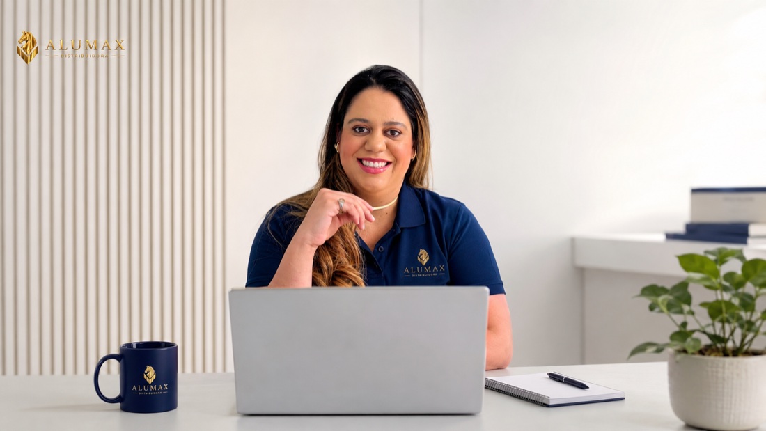 Consultora comercial Alumax atendendo no computador